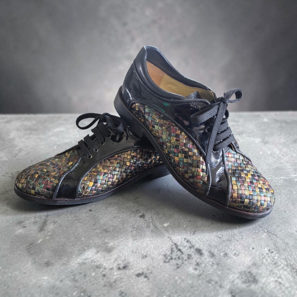 Aerogreen Summer Womens 8 Golf Shoes Black Patent Multicolor Woven Leather Italy